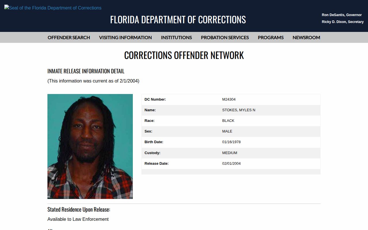Florida DOC released result used for Hernando Correctional Institution release verification