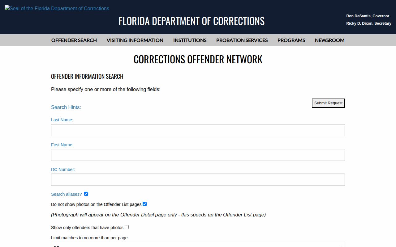 Florida DOC offender search menu for Hernando County release records