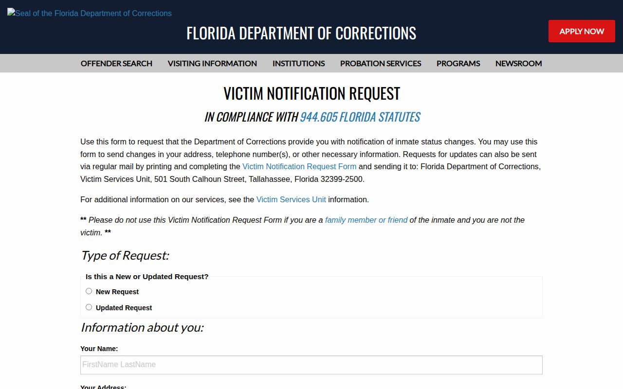 FDC victim notification request for Hernando County release alerts