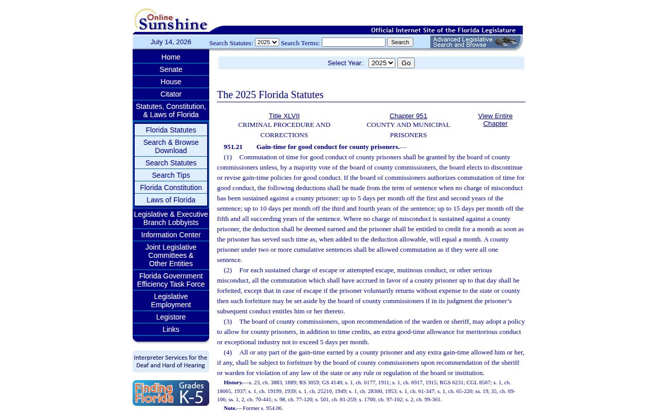 Florida county gain-time statute for a Hernando County jail release date
