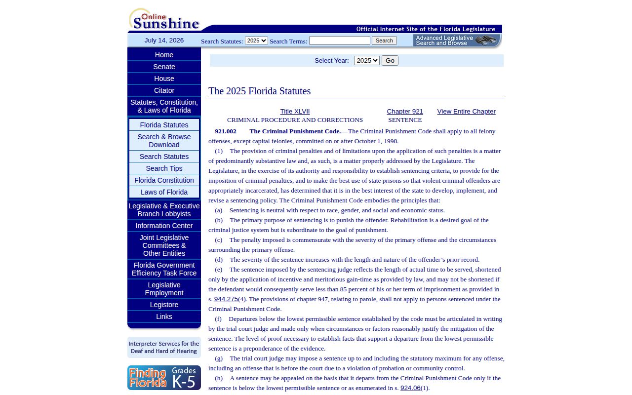 Florida sentencing statute for Hernando County projected release dates